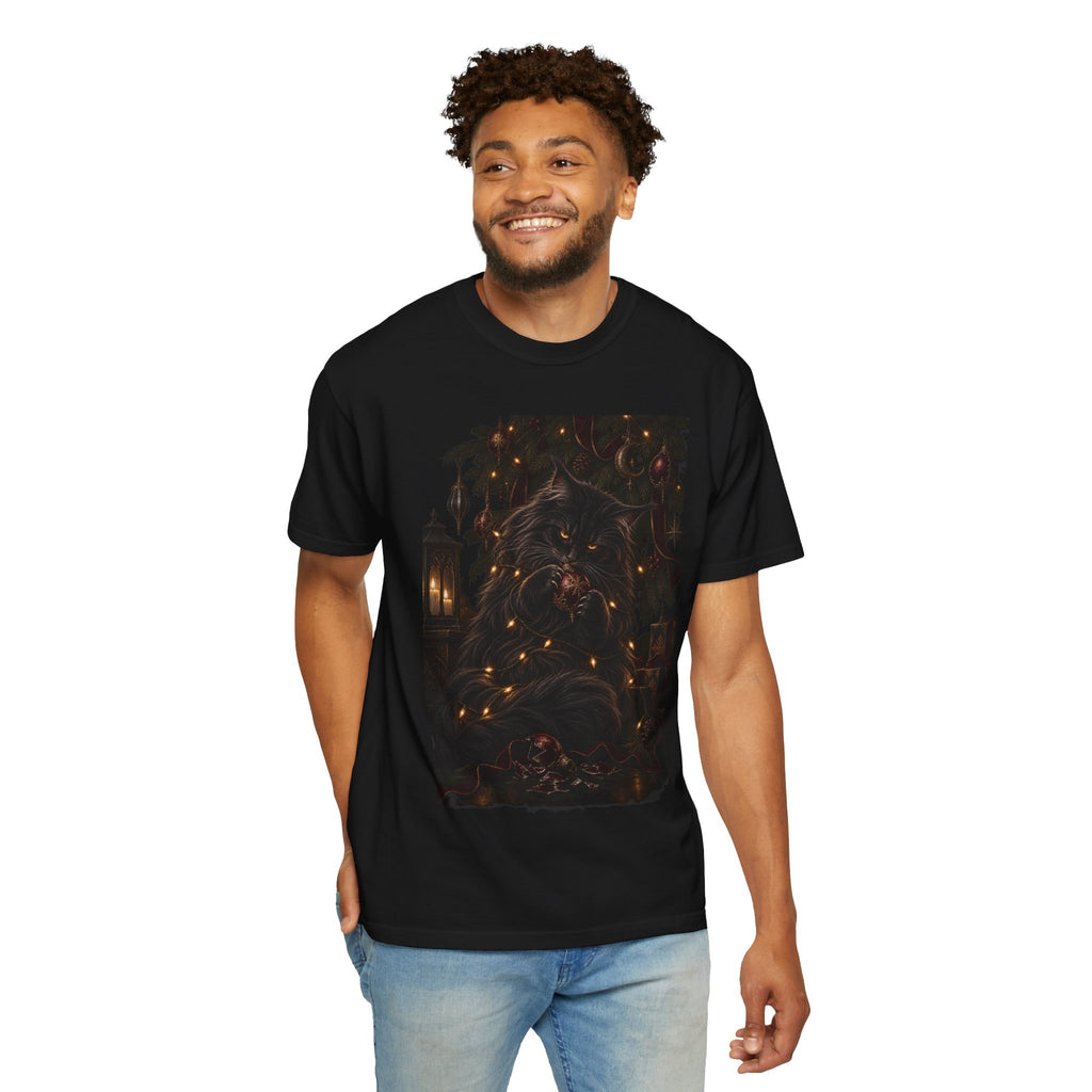 Black Cat Christmas T-Shirt — Gothic Holiday Lights Graphic