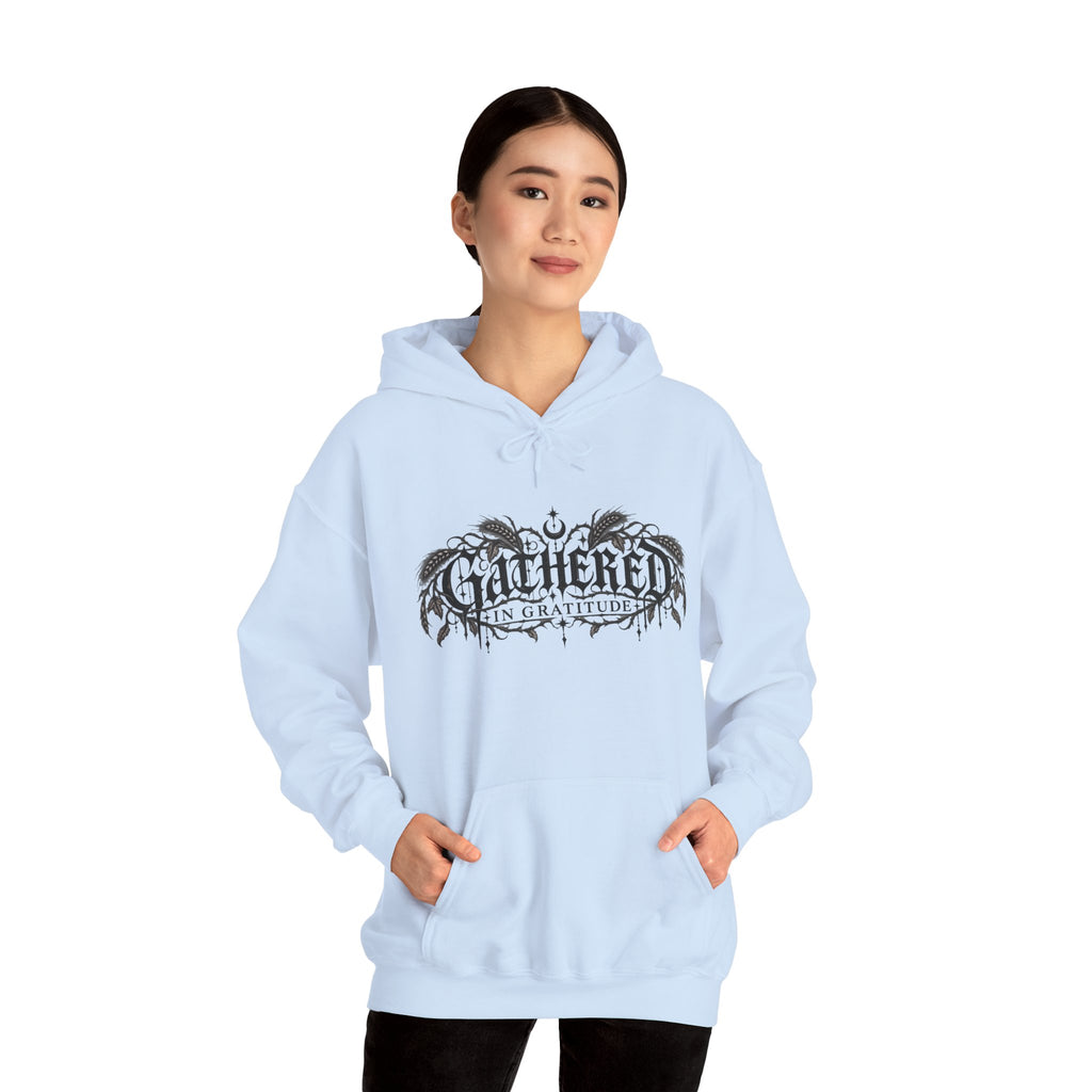 Gathered in Gratitude Hoodie — Gothic Winged Script Pullover