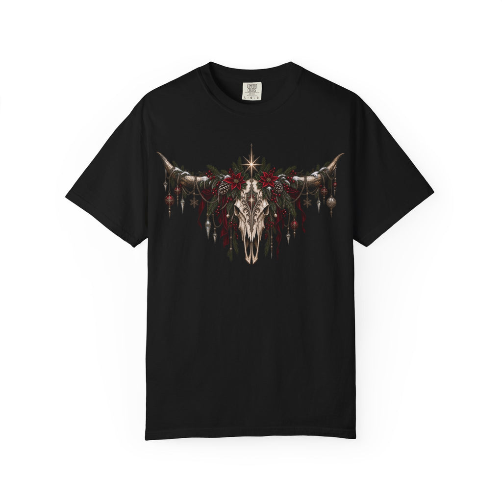Western Skull Christmas T-Shirt — Boho Longhorn Design