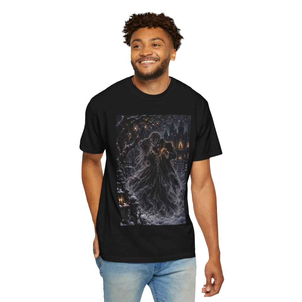 Gothic Winter Dance T-Shirt — Haunted Couple Embrace Midnight Snow