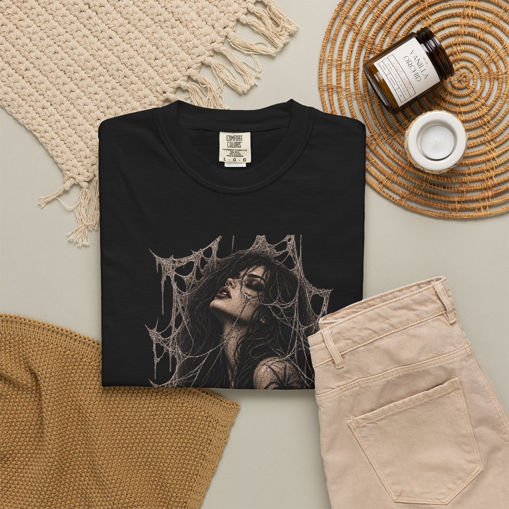 Gothic Web Embrace T-Shirt — Dark Art Femme in Cobweb Frame