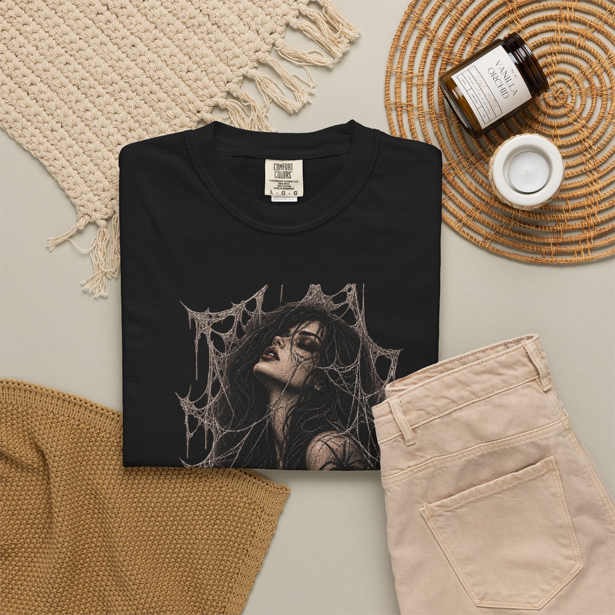 Gothic Web Embrace T-Shirt — Dark Art Femme in Cobweb Frame