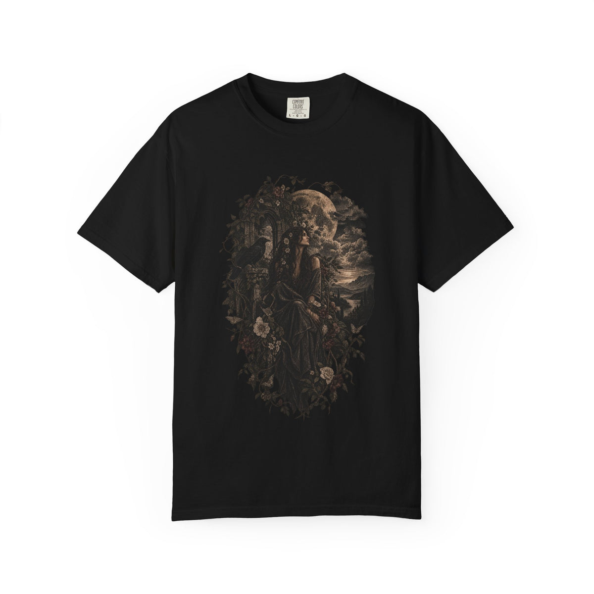 Moonlit Gothic Woman Tee — Raven & Dark Botanical Garden T-Shirt