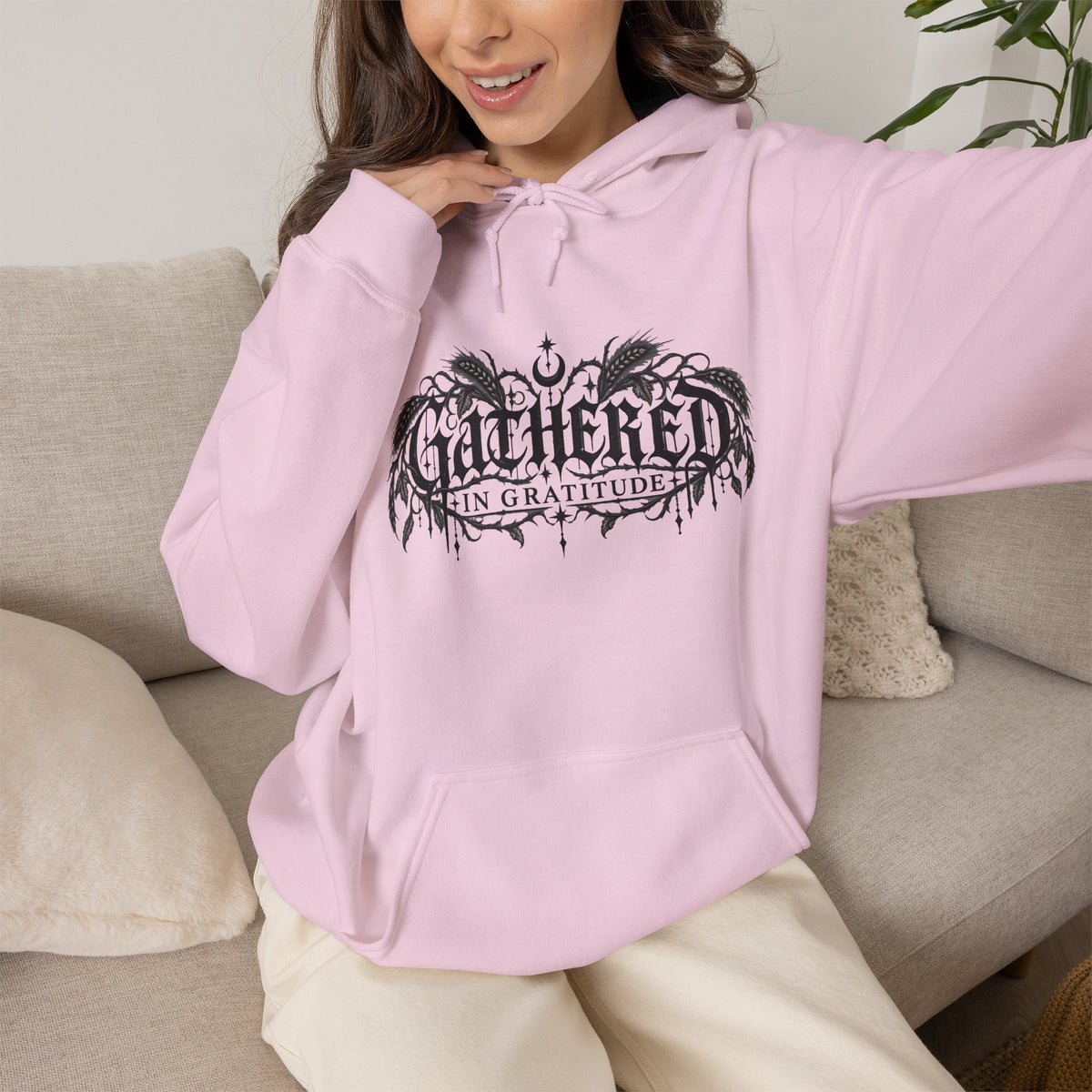 Gathered in Gratitude Hoodie — Gothic Winged Script Pullover