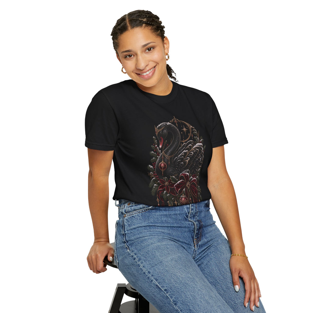 Black Swan Holiday T-Shirt — Gothic Swan with Red Bow & Ornaments