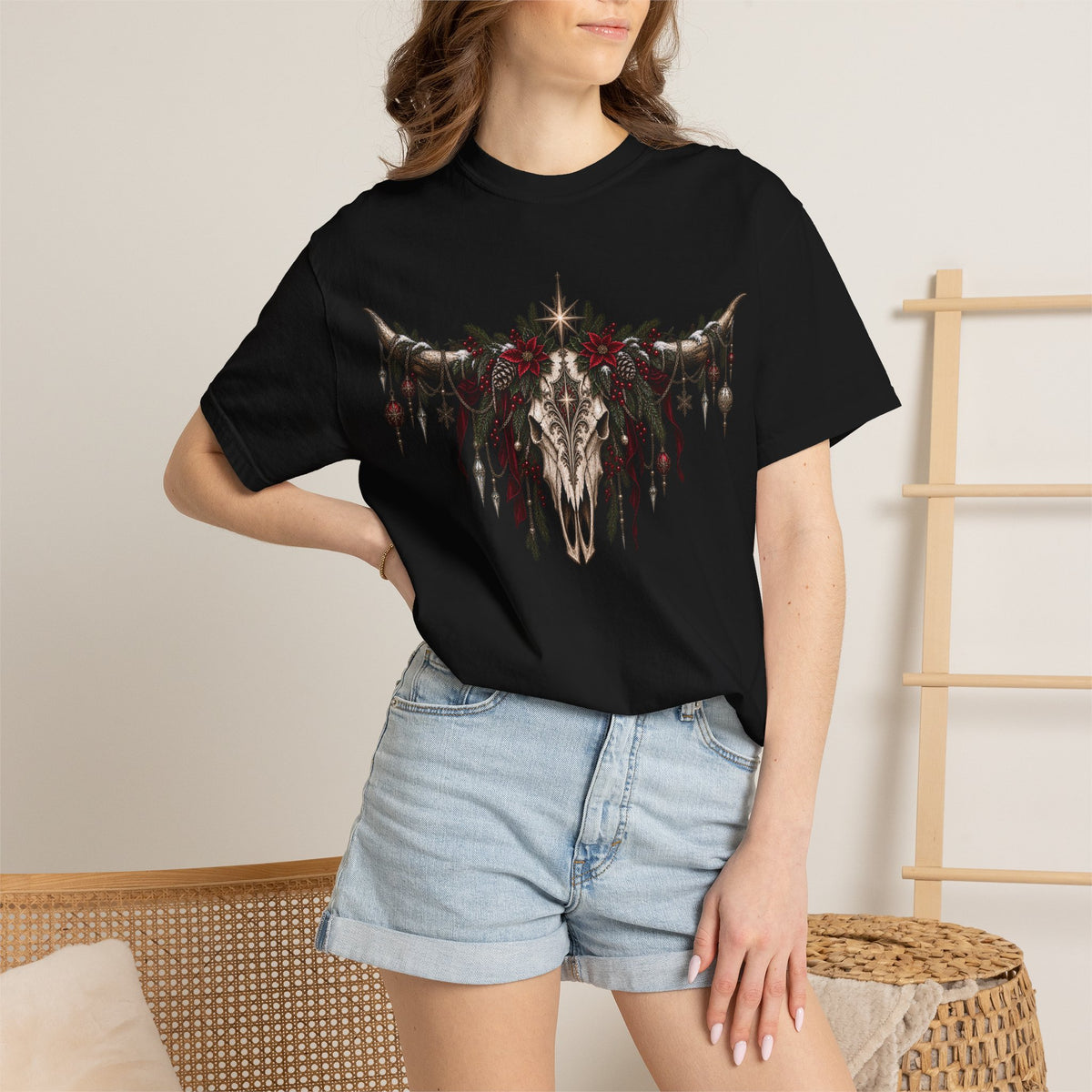 Western Skull Christmas T-Shirt — Boho Longhorn Design
